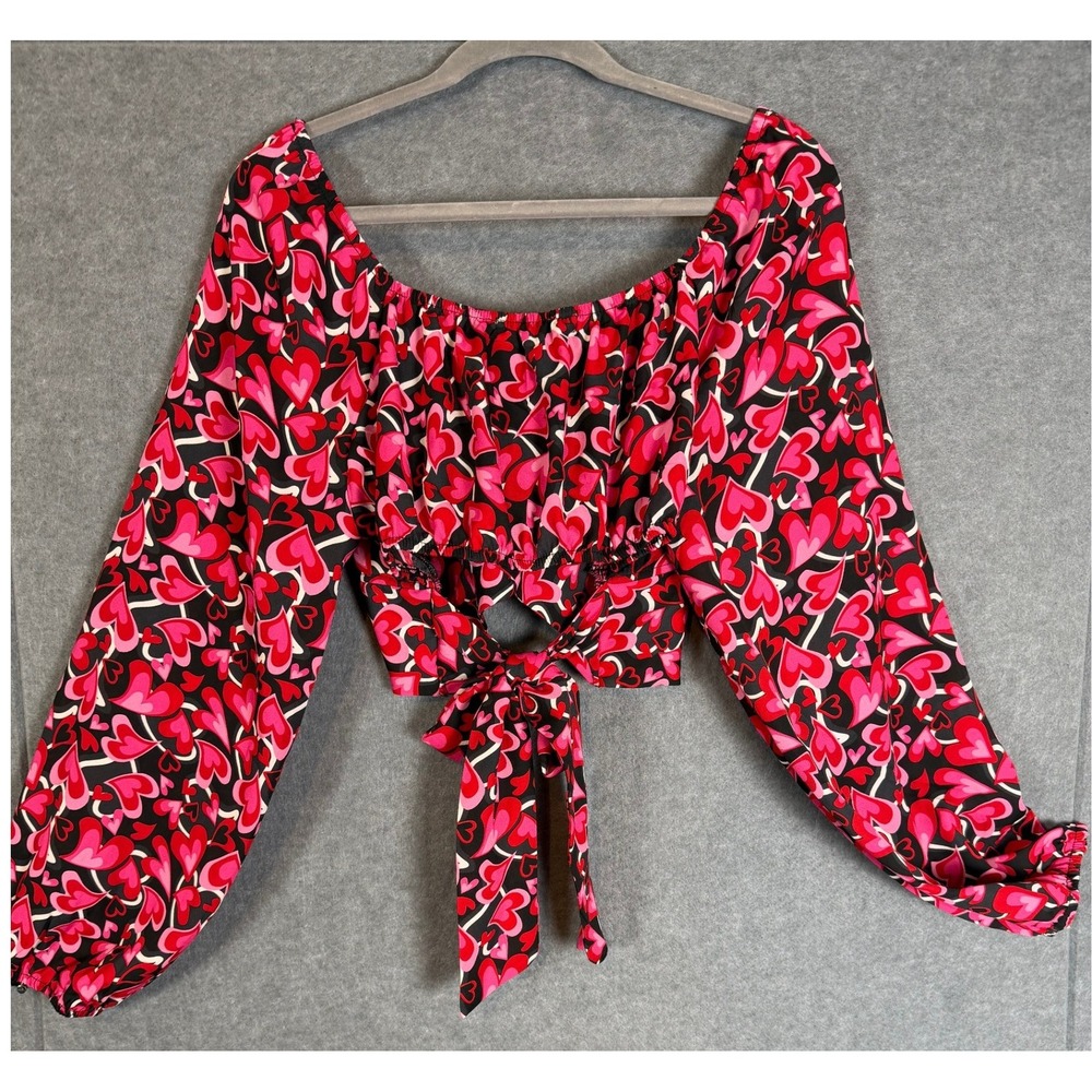 Madden NYC Coquette Barbie Crop XL Heart Print Off Shoulder Tie Back Lovecore